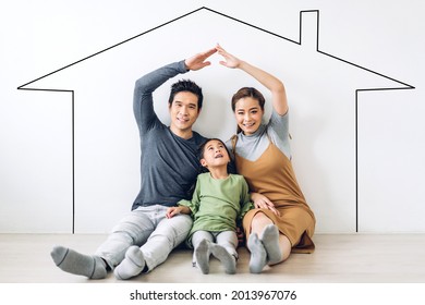 portrait enjoy happy smiling love asian family father and mother with young parents little asian girl sitting and making roof house with hands arms over head in new home - Powered by Shutterstock