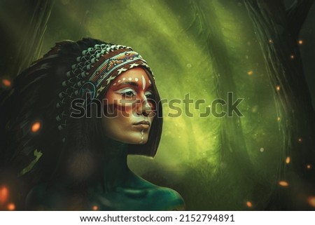Portrait of ethnic woman chief with headdress and painted skin in fantasy wood.