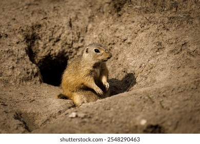 Portrait of European ground squirrel, Spermophilus citellus, sitting in front of burrow. Rodent also known as souslik. Beautiful animal living in colonies. Summer in wildlife nature. Natural habitat. - Powered by Shutterstock