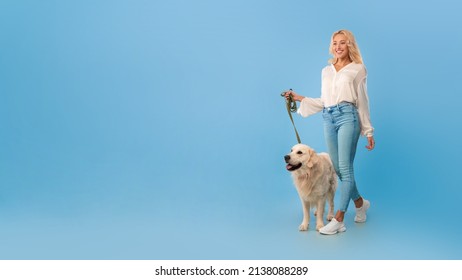 Portrait of excited beautiful blonde woman walking with her happy dog on a leash, looking aside at free copy space, mockup place for advertisement, isolated on blue studio background, full body length