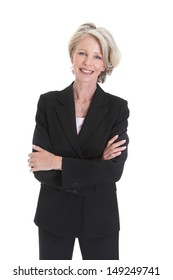 Portrait Of Excited Businesswoman Raising Hand On White Background