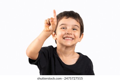 Portrait of a excited child pointing with white background.  - Powered by Shutterstock