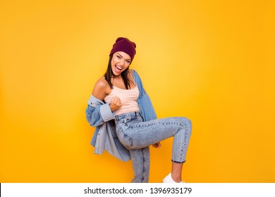 Portrait of excited cute funky pretty lady luck lucky summer scream shout yeah raise fists hands feel rejoice denim pastel outfit  isolated on vibrant background - Shutterstock ID 1396935179