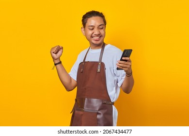 Portrait of excited handsome Asian young man wearing apron holding smartphone and celebrating success with raised hands - Shutterstock ID 2067434477