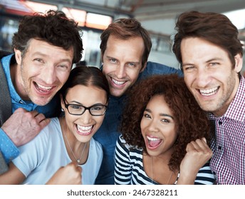 Portrait, excited and team of business people in celebration for success, goal achievement or winning in startup. Face, solidarity or happy creative group cheers or graphic designer laughing together - Powered by Shutterstock