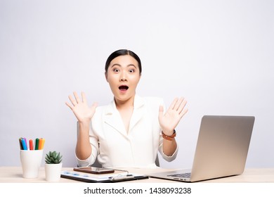 Portrait Excited Woman Sitting Office Isolated Stock Photo 1438093238 ...