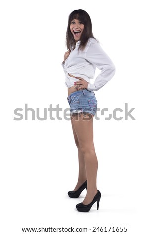 Portrait Of An Excited Young Woman Over White Background