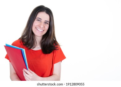 Portrait Of Executive Smiling Woman Business And Student On White Background Copy Space