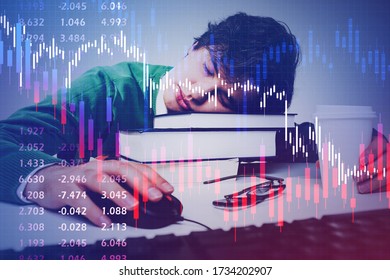Portrait of exhausted businessman sleeping at his workplace with double exposure falling financial chart. Concept of crisis and stock market. Toned image