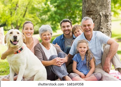 Portrait of an extended family with their pet dog sitting at the park - Powered by Shutterstock