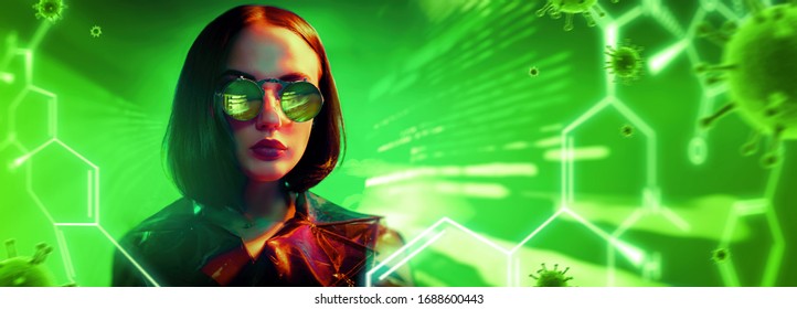 A portrait of an extravagant dark-haired lady against the green background of virtual holographic information and viruses. Epidemic, viruses, healthcare.