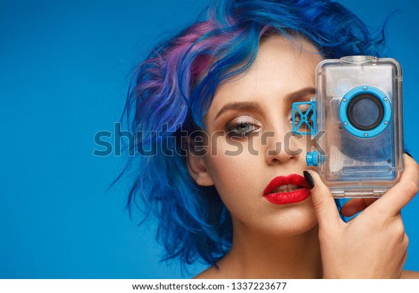 Portrait Extravagant Woman Blue Pink Hair Stock Photo Edit Now