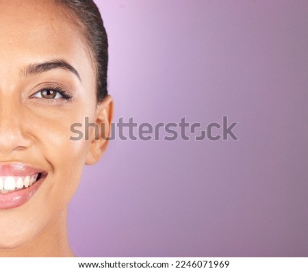 Portrait, eye or woman half face and teeth mockup for cosmetic care, facial beauty or skincare against studio background. Zoom cosmetics, smile or happy girl for wellness, spa aesthetic or skin glow