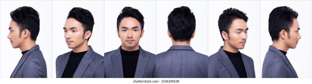 Portrait Face Of Asian Business Man Turn Around In Dark Black Proper Suit Pants And Shoes, Studio Lighting White Background Isolated, Tanned Male Model Pose Many Act, Collage Group Pack 360