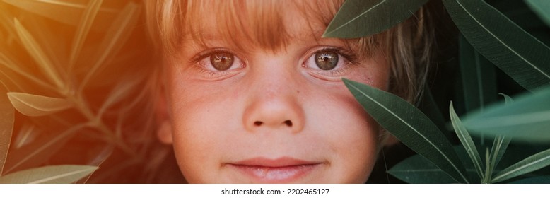 Portrait Face Of Candid Happy Little Kid Boy Five Years Old With Problem Allergic Skin And Long Blond Hair And Green Eyes On Background Of Green Plants During A Summer Vacation Travel. Banner. Flare