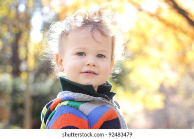 Portrait Of A Face Of A Happy Child, Boy, Outdoors, Fall Season And Foliage