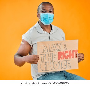 Portrait, face mask and poster with black man in studio for protest, human rights activist and healthcare choice. Freedom of speech, safety and mpox virus with person and sign on background - Powered by Shutterstock