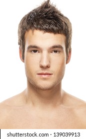 Portrait Of Face Of Young Beautiful Man Close Up, On White Background.