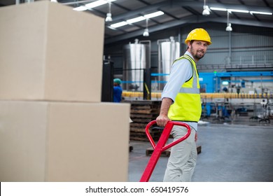 Portrait of factory worker pulling trolley of cardboard boxes in factory - Powered by Shutterstock