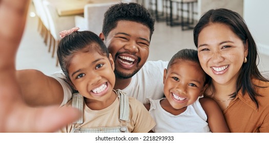 Portrait of family selfie, happy and smile relationship bonding together in home. Relax having fun, parents and young children spend quality time and love happiness for photograph for social media - Shutterstock ID 2218293933