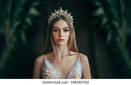 Portrait of fantasy medieval girl princess in dark gothic room. Woman queen looking at camera, beauty face. Vintage trendy glamour dress golden luxury crown, long loose blonde hair. Fashion model. - Shutterstock ID 1983207332