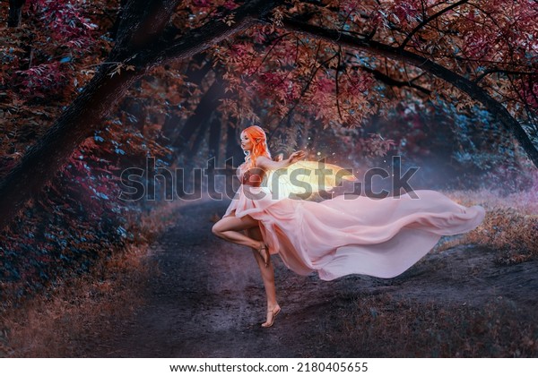 Portrait fantasy woman fairy, golden glowing\
butterfly wings. Pink dress silk train skirt waving fabric flies in\
wind. Night autumn forest orange trees. Sexy elf girl, red hair art\
creative clothes.