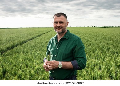 Portrait Of Farmer Standing In Wheat Field.