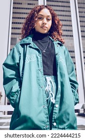 Portrait, Fashion And City With A Model Black Woman Posing Outdoor In Summer For Contemporary Clothing. Street, Style And Clothes With An Attractive Young Female Wearing An Edgy Or Trendy Outfit