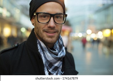 Portrait Of Fashion Man On Street, Blurred City Background