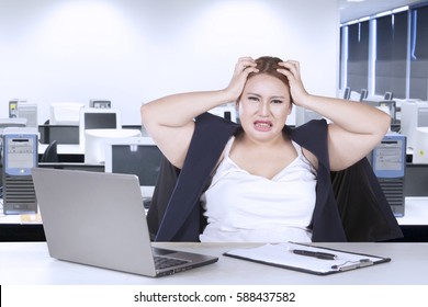 Portrait Of Fat Woman Frustration With Job And Holding Her Head While Sitting In Front Of Laptop