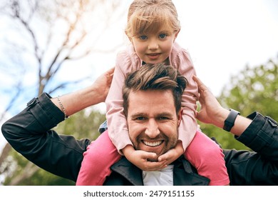 Portrait, father and girl outdoor on shoulder for bonding, connection and playful with smile. Happy family, dad and child in Australia for vacation, holiday and weekend games with energy in park - Powered by Shutterstock