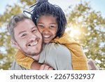Portrait of father piggy back foster care girl in park for fun, bonding and quality time with love, care and happiness together. Adopted black kid relax with dad, diversity and happy family in garden