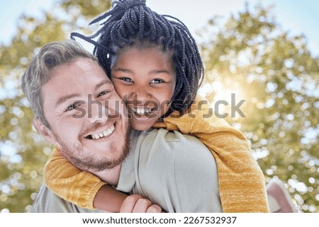 Portrait of father piggy back foster care girl in park for fun, bonding and quality time with love, care and happiness together. Adopted black kid relax with dad, diversity and happy family in garden