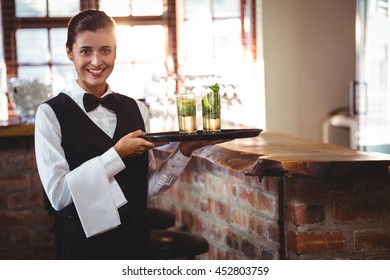 Portrait Of Female Bartender Holding A Serving Tray With Two Cocktail Glass