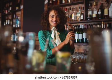 Portrait Of Female Bartender Mixing A Cocktail Drink In Cocktail Shaker At Counter