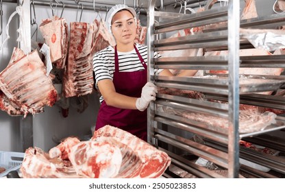 Portrait of a female butcher while working in a butcher shop - moving trays with chopped carcasses - Powered by Shutterstock