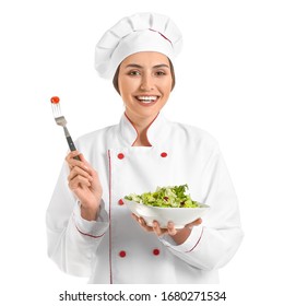 Portrait Of Female Chef With Salad On White Background