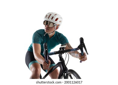 Portrait Of Female Cycling Athlete, Young Woman On Bicycle Practicing Isolated On White Studio Background. Concept Of Sport, Action, Motion, Speed, Race. Copy Space For Ad. Horizontal Composition