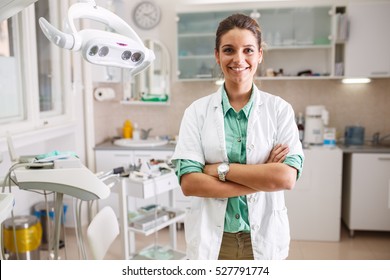 Portrait of  female dentist .She standing in her dentist office. - Shutterstock ID 527791774