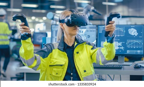 Portrait Female Mechanical Engineer Wearing Virtual Reality Headset and Making Gestures with Controllers, She Uses VR technology for Industrial Design, Development and Prototyping in CAD Software.