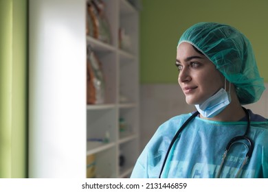 Portrait Of The Female Surgeon After An Operation On Animal Hospital Clinic Surgery Room