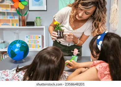 Portrait of female teacher showing a pansy plant roots inside of glass pot to her young students in ecology classroom. Botanical and natural science education concept. - Powered by Shutterstock