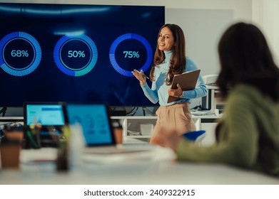 Portrait of a female team leader having fun while speaking at office brainstorming and holding a clipboard. Woman boss holding a business meeting in the office and presenting work to other employees. - Powered by Shutterstock