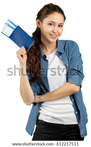 portrait of female tourist handing airline ticket, isolated on white