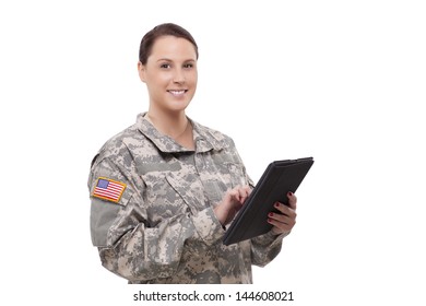 Portrait Of A Female US Soldier Using A Digital Tablet 