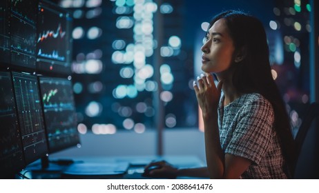 Portrait Financial Analyst Working Computer and Multi  Monitor Workstation and Real  Time Stocks  Commodities   Exchange Market Charts  Businesswoman at Work in Investment Broker Agency 