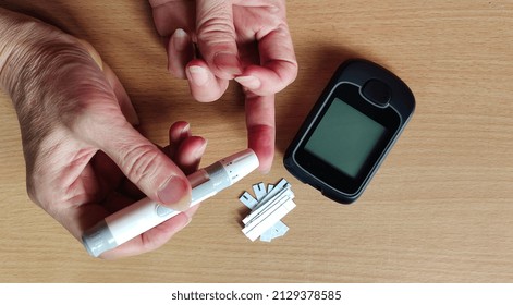 Portrait Fingertip Checking, Showing Blood Sugar Pressure Monitor, Patient Diabetes Take Proactive Control, Concept Health Care.