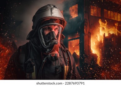 Portrait of fireman hero dressed in fire protective uniform rescuing people. - Powered by Shutterstock