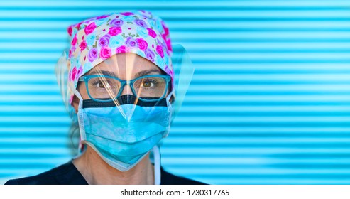 Portrait Of A First Responder Nurse With Protective N95 Mask And Personal Protective Equipment 