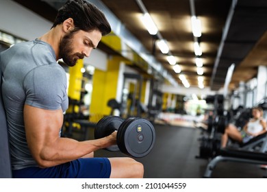 Portrait Of Fit Man Working Out In Gym. Sport People Healthy Lifestyle Exercise Concept